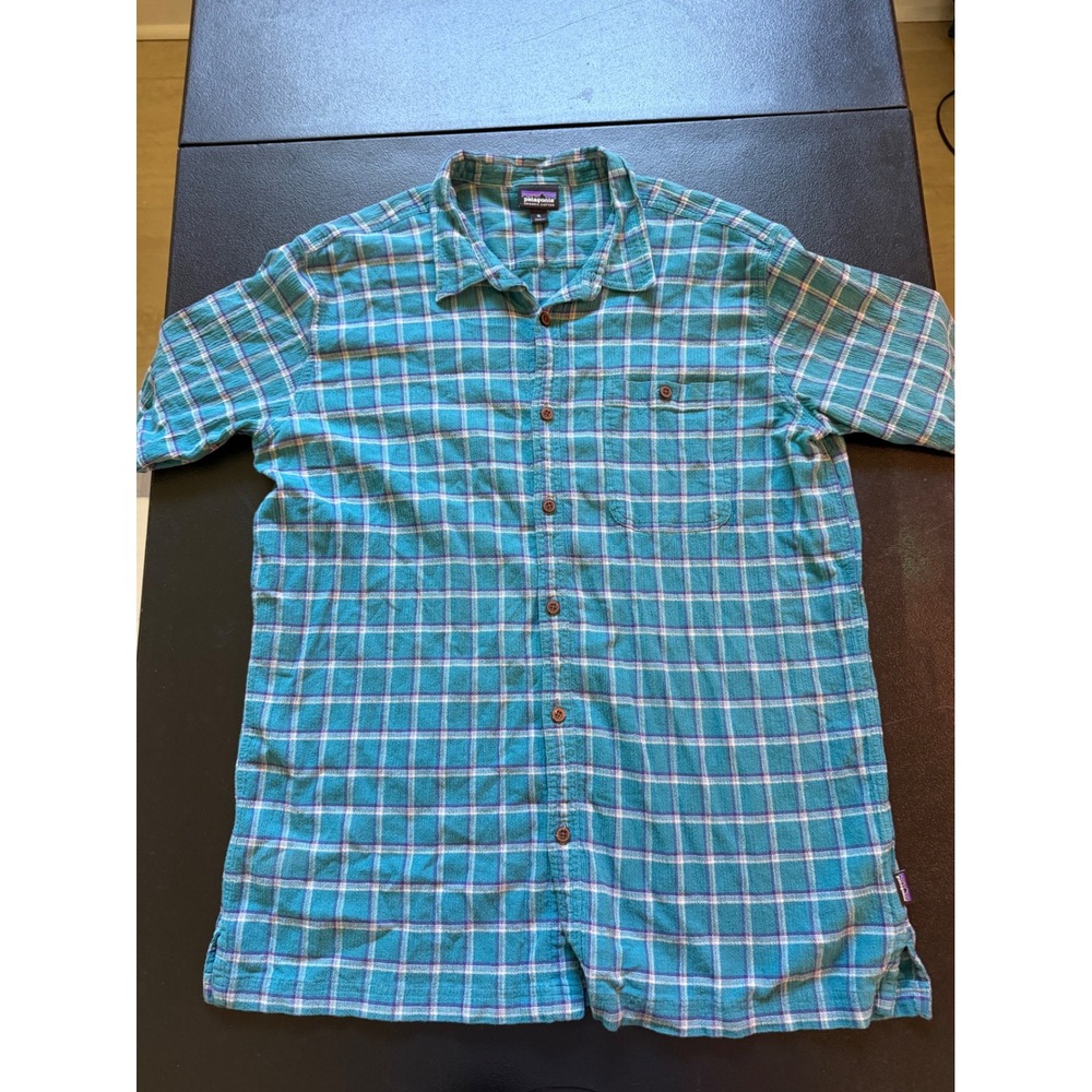 Patagonia Mens XL Organic Cotton Plaid Short Sleeve Button Down Shirt Teal 52921